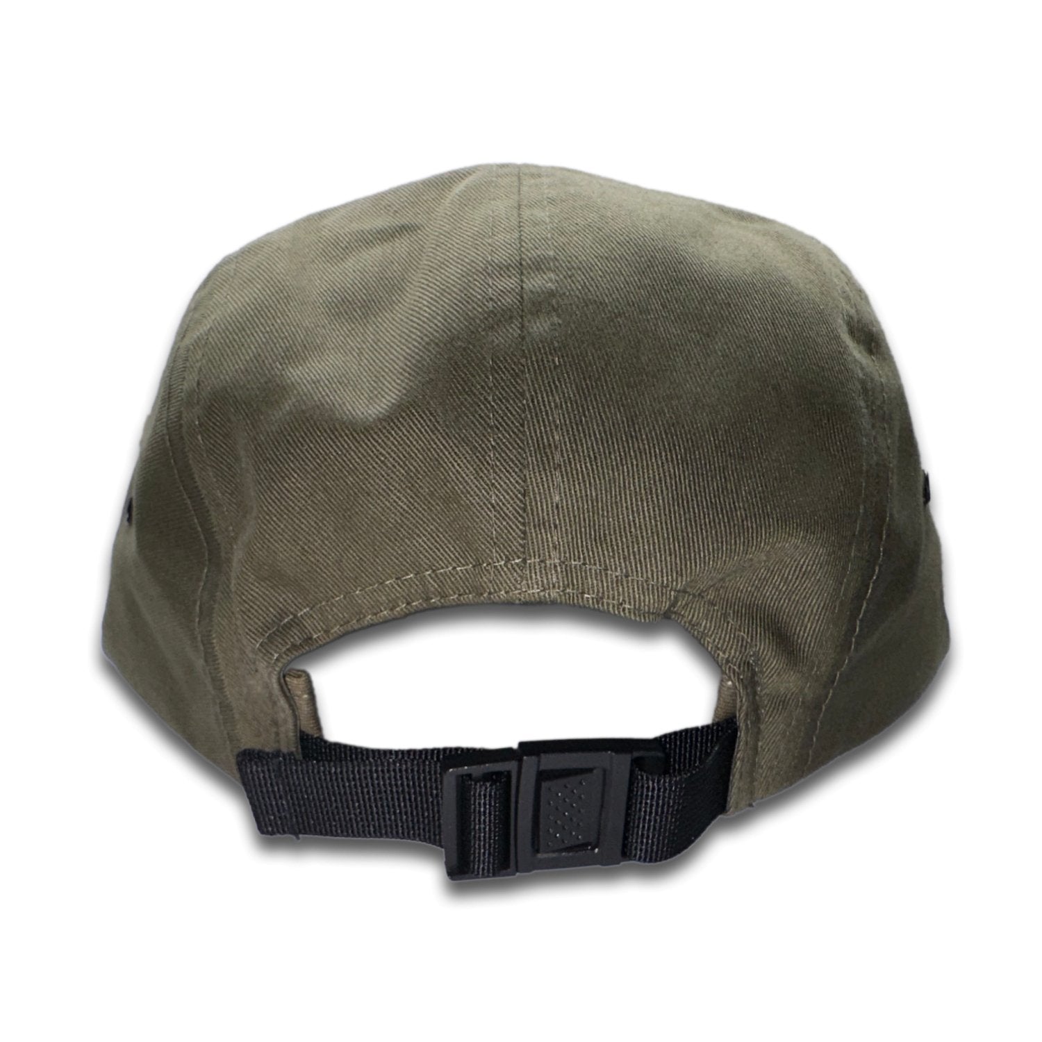 Back view of the Three Lil Pines Leather Patch Hat by Outer Wings, showcasing the adjustable nylon strap with a plastic clip closure for a secure fit. The breathable mesh back provides comfort, and the detailed craftsmanship reflects the high-quality design. Perfect for outdoor activities and casual wear.