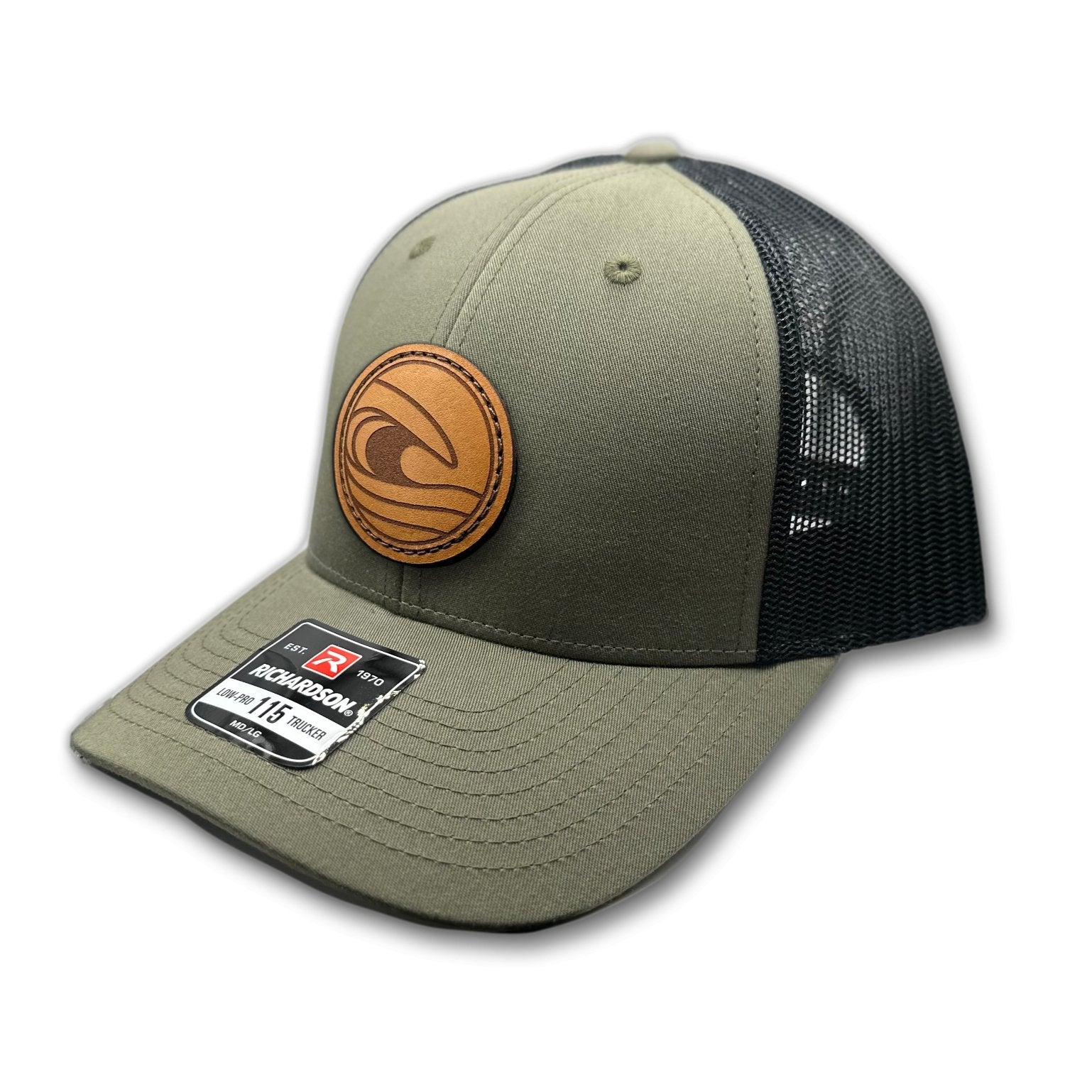 Side view of the Tidal Wave Leather Patch Hat by Outer Wings in Loden/Black, highlighting the breathable mesh back, structured profile, and adjustable SnapBack closure. A stylish custom leather patch hat for outdoor and casual wear.