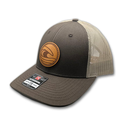 Side view of the Tidal Wave Leather Patch Hat by Outer Wings in Brown/Khaki, highlighting the breathable mesh back, adjustable SnapBack, and structured profile. A stylish custom leather patch hat for outdoor and casual wear.