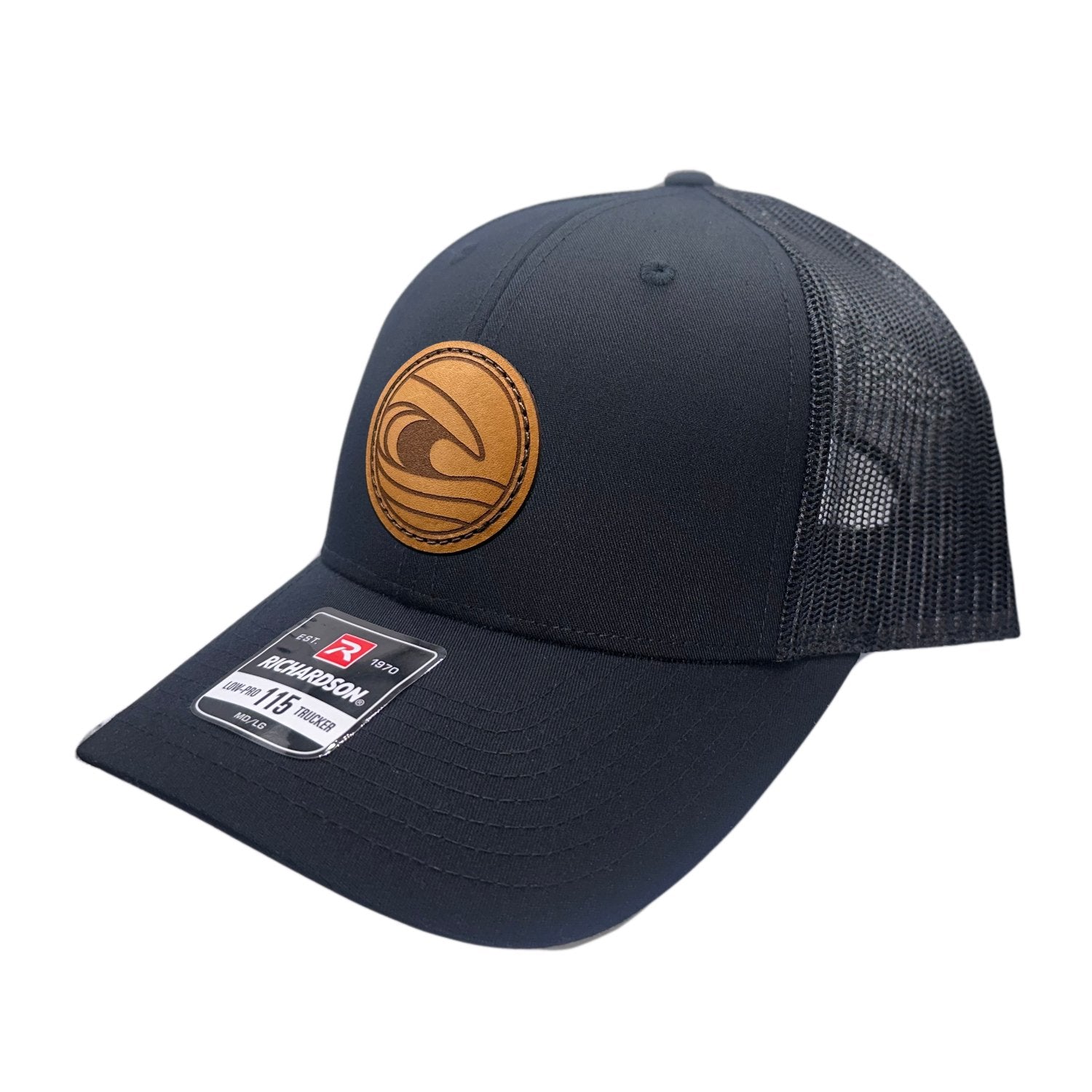 Side view of the Tidal Wave Leather Patch Hat by Outer Wings in Black/Black, highlighting the structured design, breathable mesh back, and adjustable SnapBack closure. A stylish custom leather patch hat for outdoor adventures.