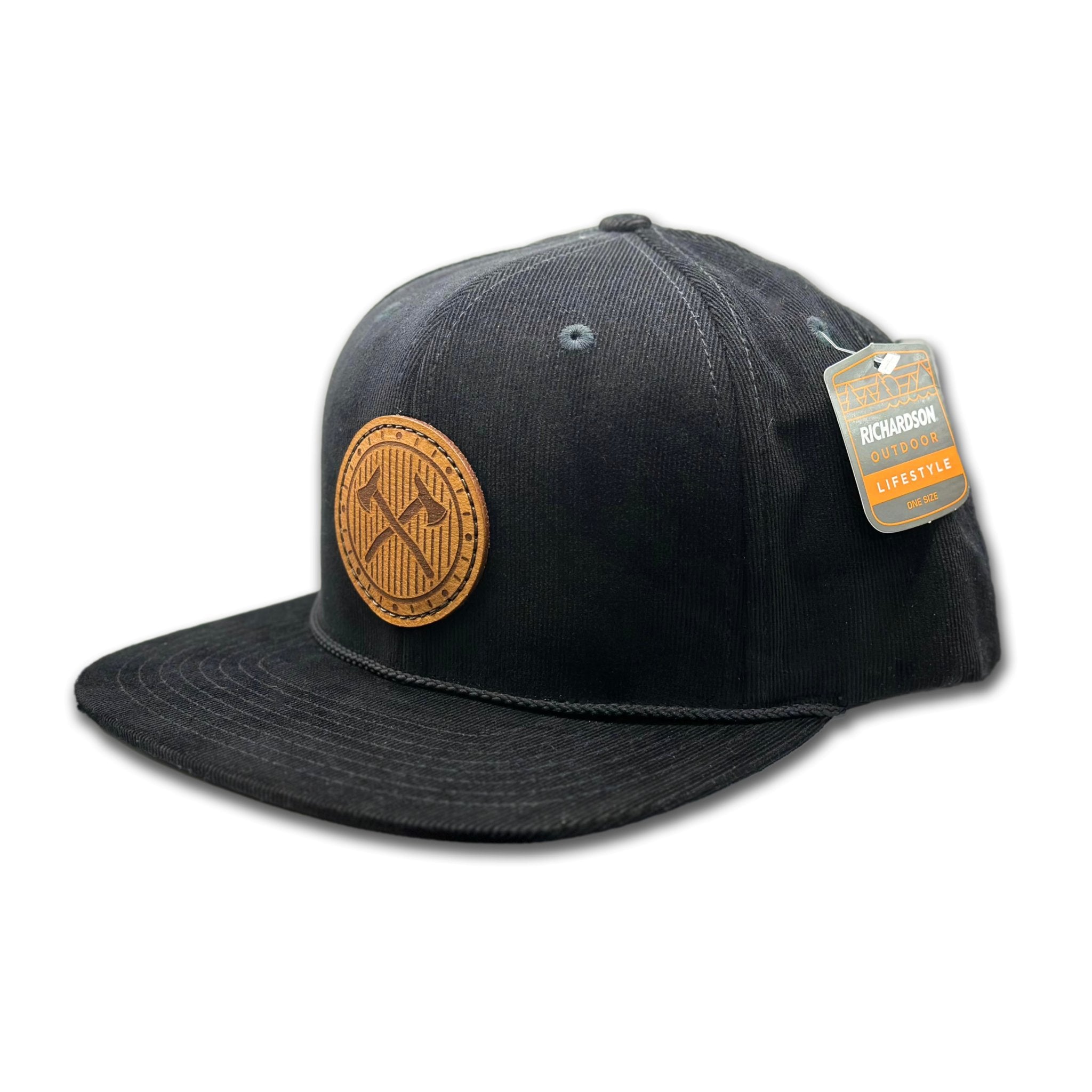 Side view of the Trailblazer Leather Patch Hat by Outer Wings in Black, highlighting the flat bill, corduroy texture, and adjustable rope hat snapback closure. A rugged and stylish mens corduroy hat for trailblazers.